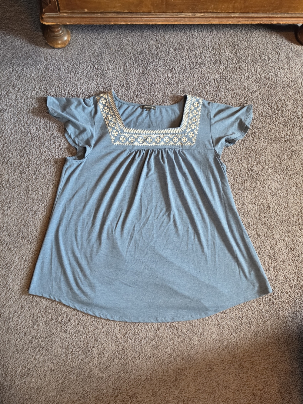 Adrianna Papell Light Blue Flutter Sleeve Top with Cream Embroidered Square Neck